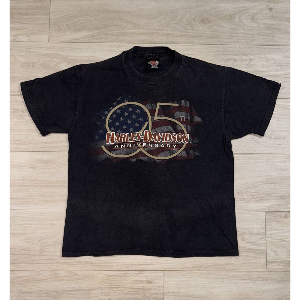 Vtg Harley Davidson Large T-Shirt 95th Anniversary Milwaukee, Wi Flag Faded‎
